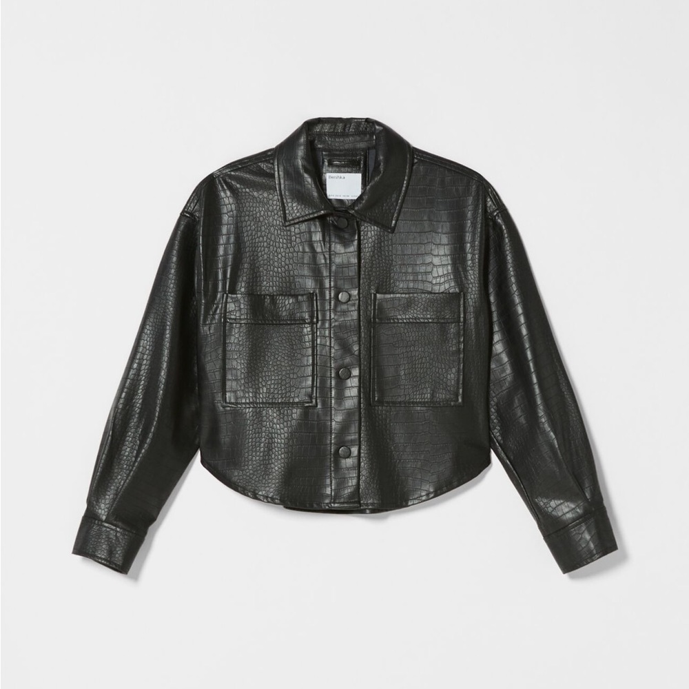Bershka cropped croc texture faux leather overshirt